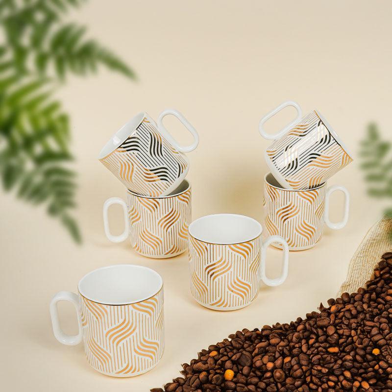 Gilia White & Gold Porcelain Mug Set – Set of 6 (180 ml Each)