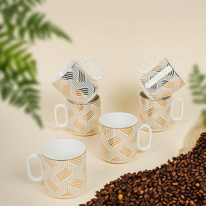 Gilia White & Gold Porcelain Mug Set – Set of 6 (180 ml Each)