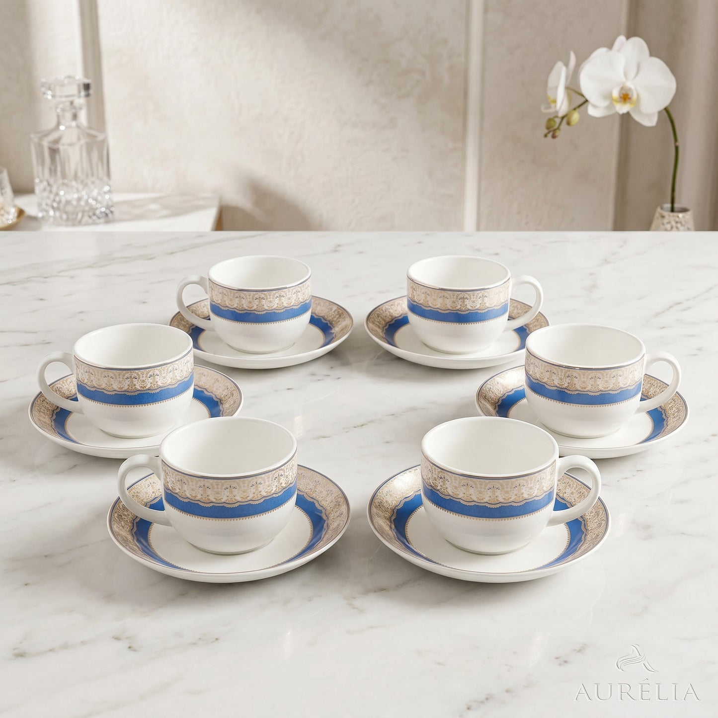 Royal Blue Floral Cup & Saucer Set – 6 Pieces | Premium Tea Cups Set