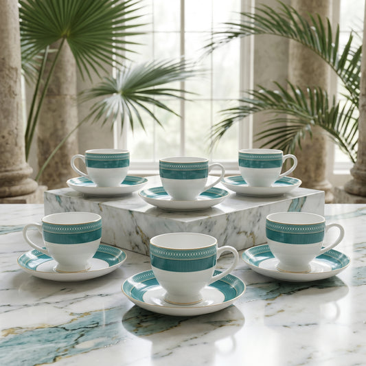 Teal Elegance Cup & Saucer Set – 6 Pieces | Designer Tea Set