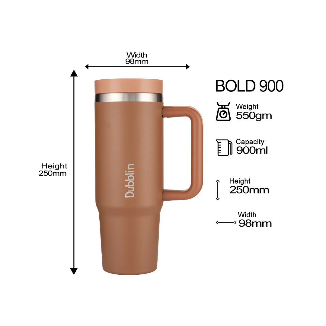 Dubblin BOLD 900ml Insulated Tumbler with Handle & Straw | Stainless Steel Double Wall Vacuum Bottle | Hot & Cold Travel Mug