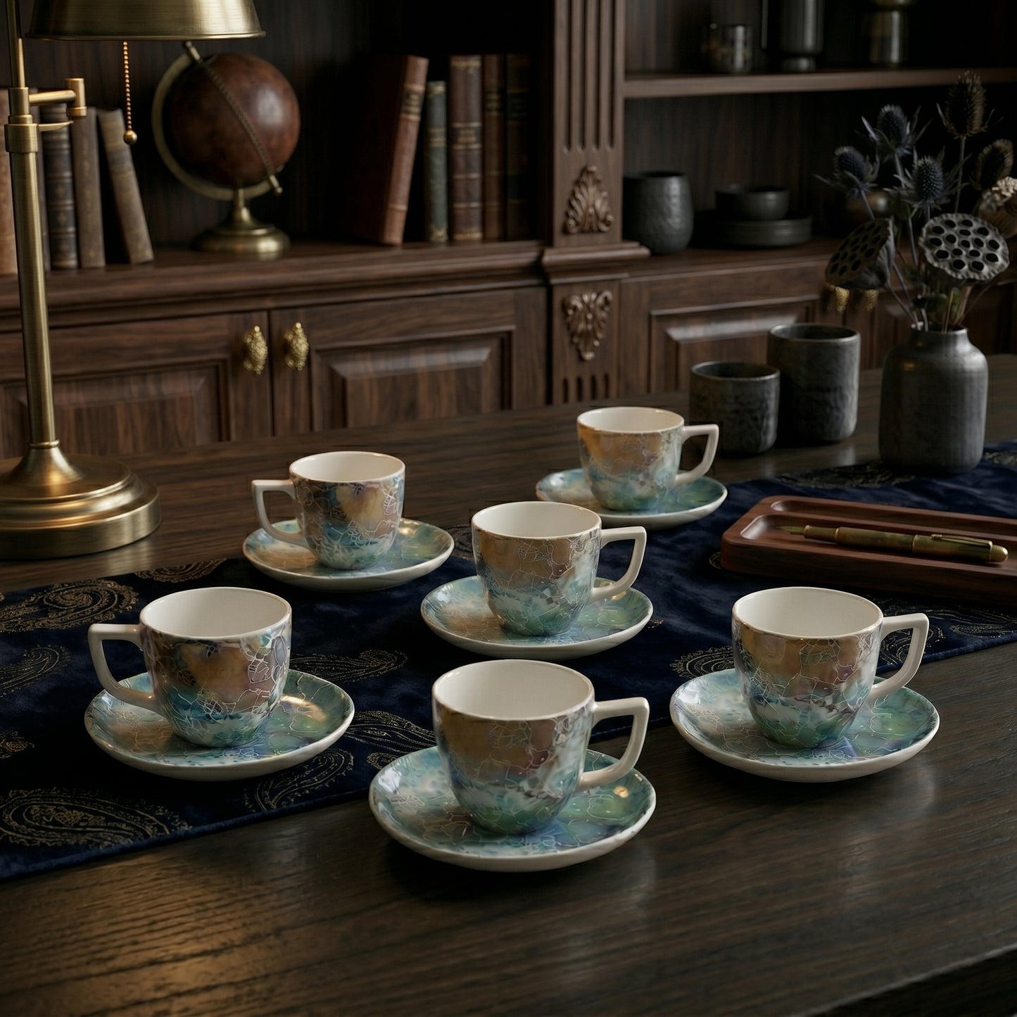 Tachiso Ocean Marble Design Cup & Saucer Set with Spoon – Premium Tea & Coffee Set