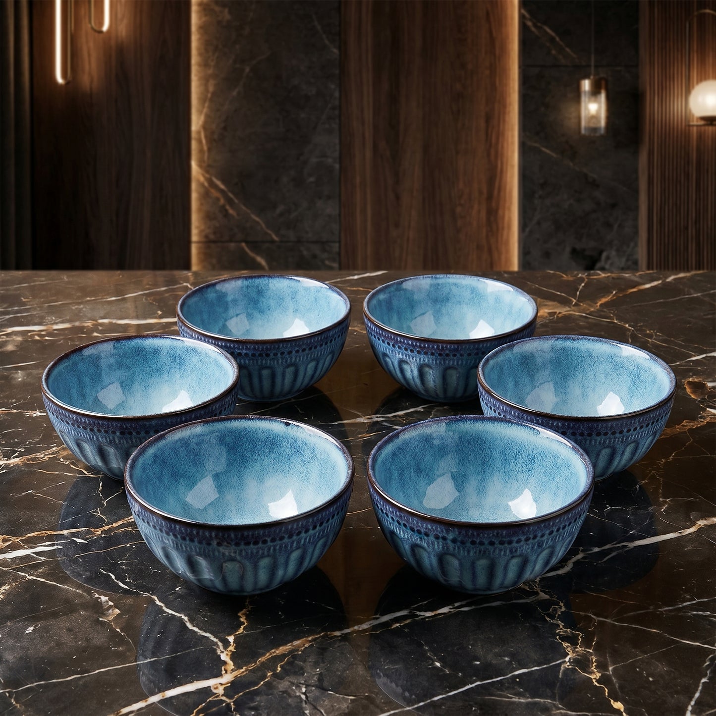 Premium Ceramic Bowl Set of 4 – Tachiso Blue Textured Serving Bowls