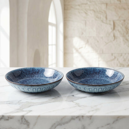 Premium Ceramic Serving Bowl Set (2 Pcs) – Tachiso Blue Textured Deep Plates