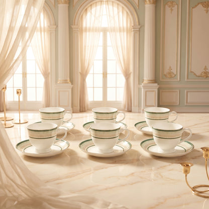 Premium Bone China Tea Cup & Saucer Set – 6 Pieces Elegant Green Border Design