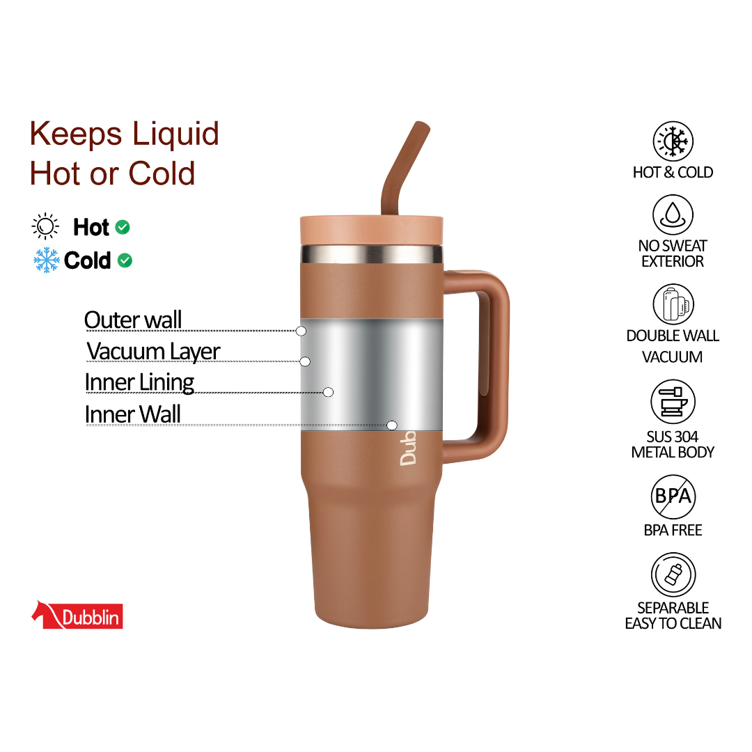 Dubblin BOLD 900ml Insulated Tumbler with Handle & Straw | Stainless Steel Double Wall Vacuum Bottle | Hot & Cold Travel Mug