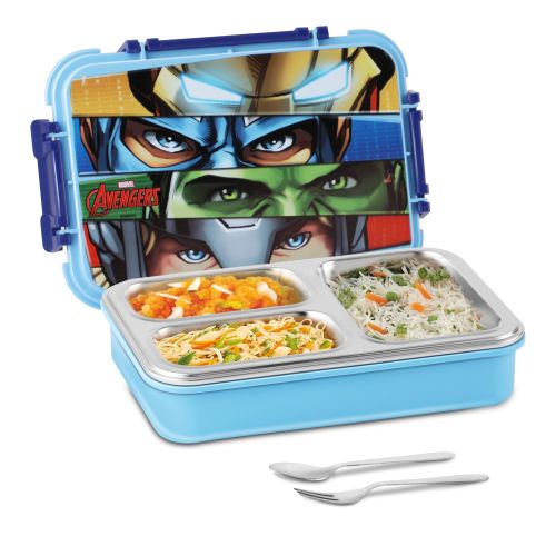Jaypee Toonbox Kids 3 Compartment Insulated Lunch Box – Steel Inner Tiffin with Side Locks & Cutlery
