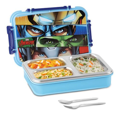 Jaypee Toonbox Kids 3 Compartment Insulated Lunch Box – Steel Inner Tiffin with Side Locks & Cutlery