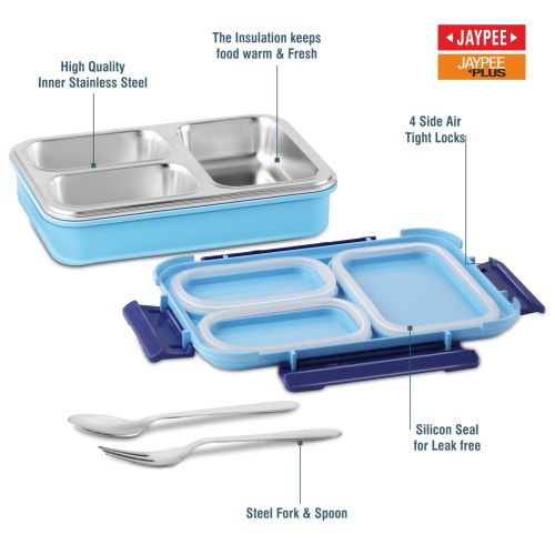 Jaypee Toonbox Kids 3 Compartment Insulated Lunch Box – Steel Inner Tiffin with Side Locks & Cutlery