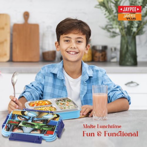 Jaypee Toonbox Kids 3 Compartment Insulated Lunch Box – Steel Inner Tiffin with Side Locks & Cutlery