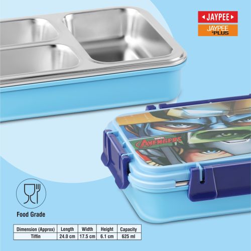 Jaypee Toonbox Kids 3 Compartment Insulated Lunch Box – Steel Inner Tiffin with Side Locks & Cutlery