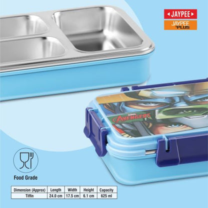 Jaypee Toonbox Kids 3 Compartment Insulated Lunch Box – Steel Inner Tiffin with Side Locks & Cutlery