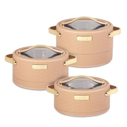 Jaypee Luxura Klass 3-Piece Insulated Casserole Set | Toughened Glass Lid | Leather Finish & Chrome Handles