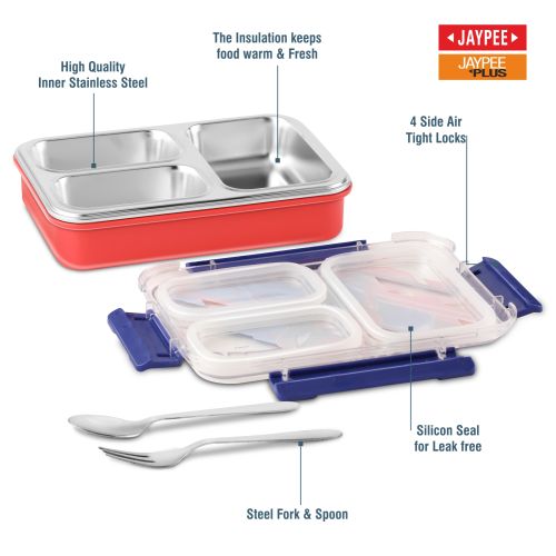 Jaypee Toonbox Kids 3 Compartment Insulated Lunch Box – Steel Inner Tiffin with Side Locks & Cutlery