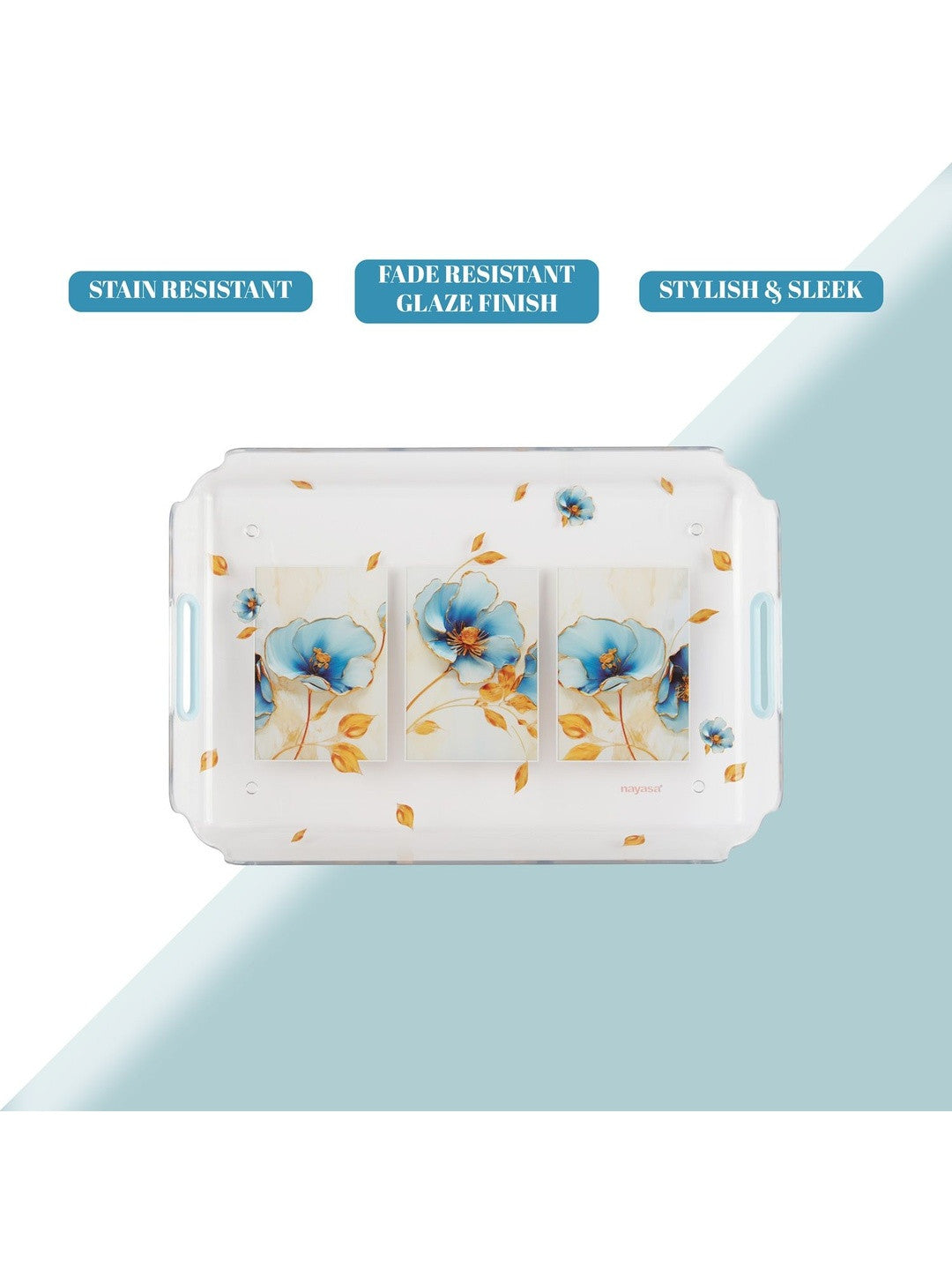 Nayasa Modern Floral Transparent Serving Tray Set of 3 (Small, Medium & Big) – Blue Handle BPA Free Plastic Trays