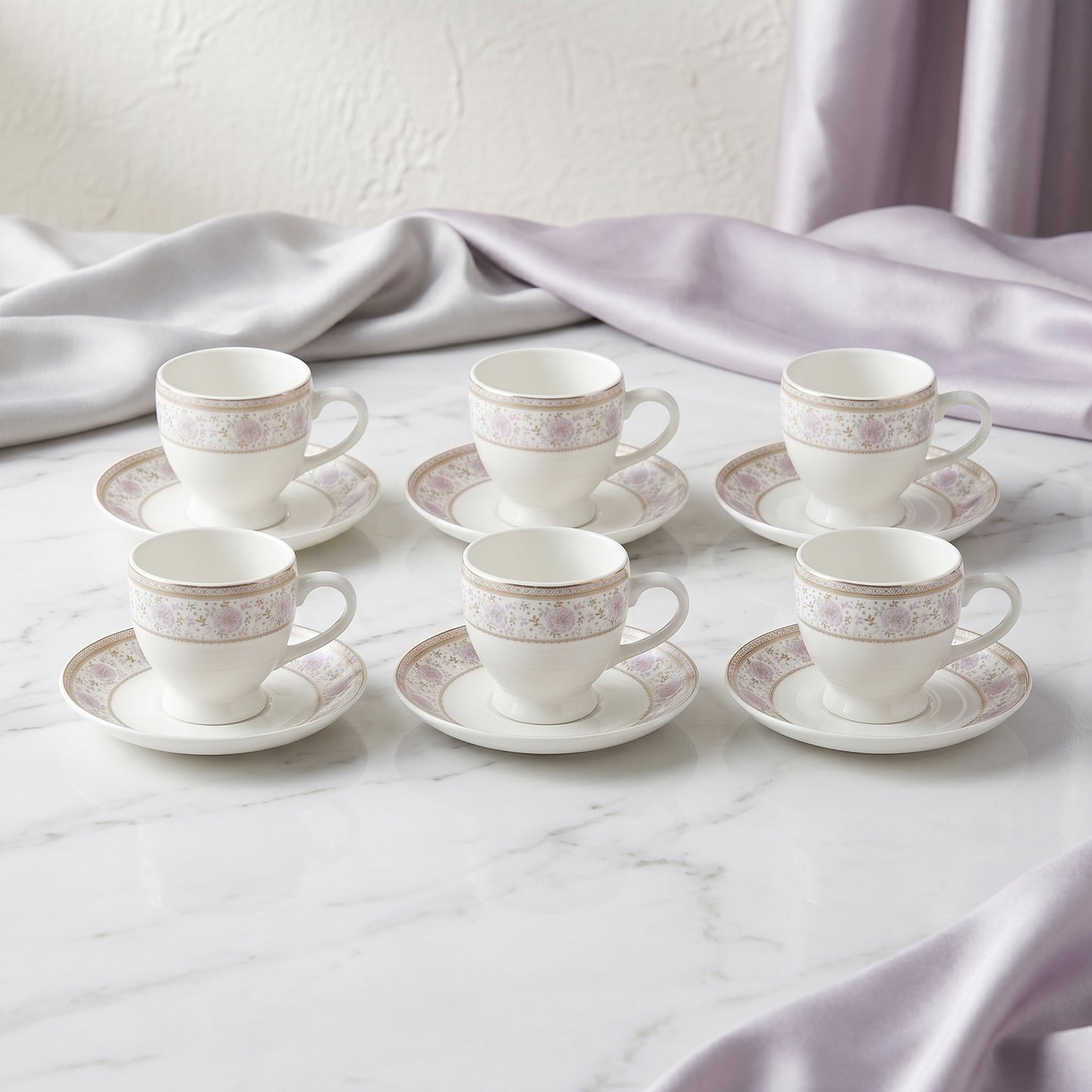 Mark Blush Pink Floral Cup & Saucer Set – 6 Pieces | Elegant Tea Set