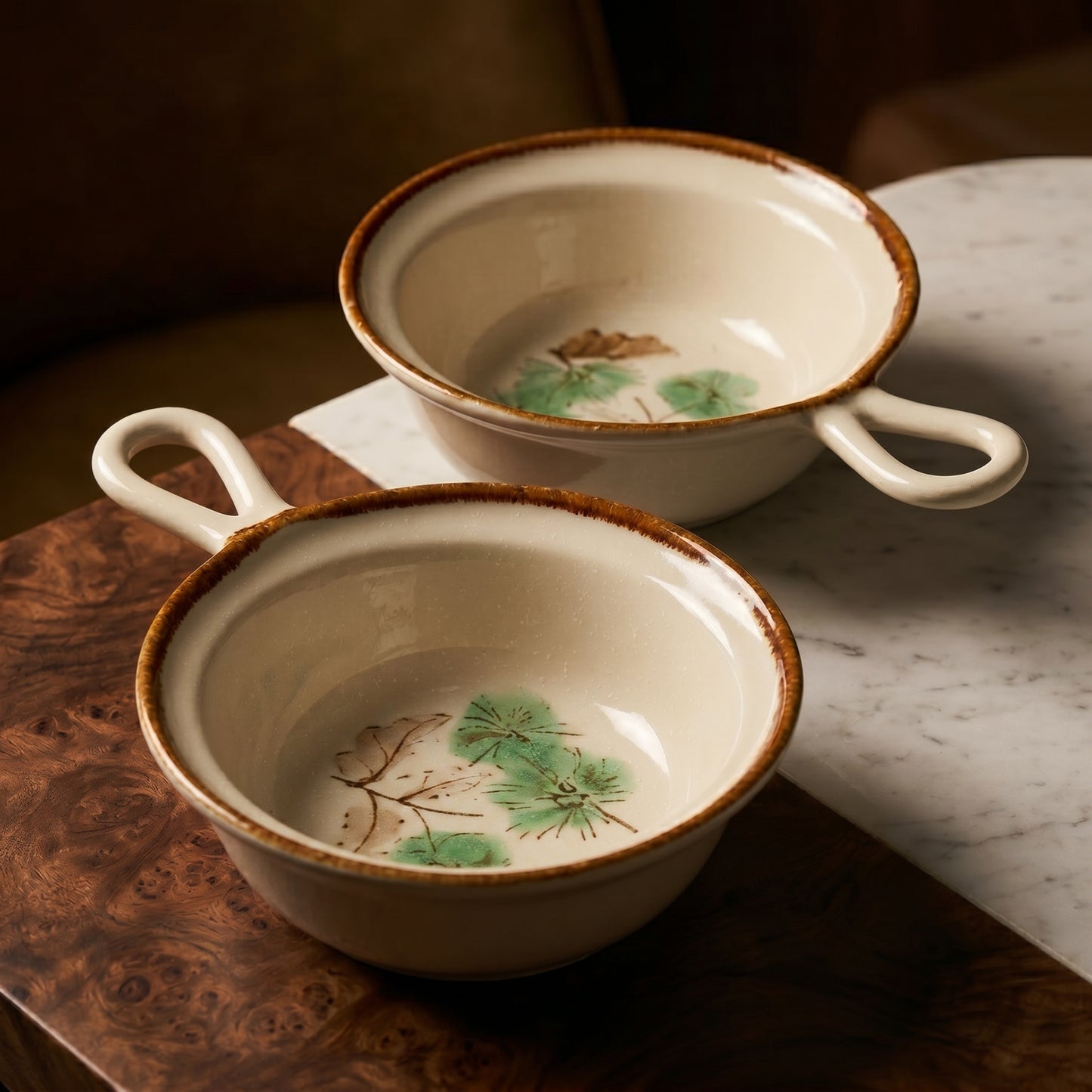 Tachiso Vintage Leaf Design Soup Bowl with Handle – Ceramic Serving Bowl Set