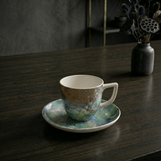 Tachiso Ocean Marble Design Cup & Saucer Set with Spoon – Premium Tea & Coffee Set