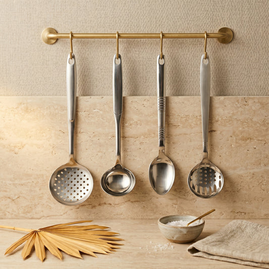 Stainless Steel Kitchen Spoon Set (4 Pcs) – Ladle & Strainer Combo