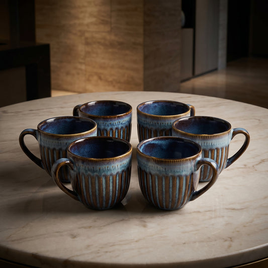 Premium Ceramic Mug Set of 6 – Tachiso Blue Ribbed Design Coffee & Tea Cups