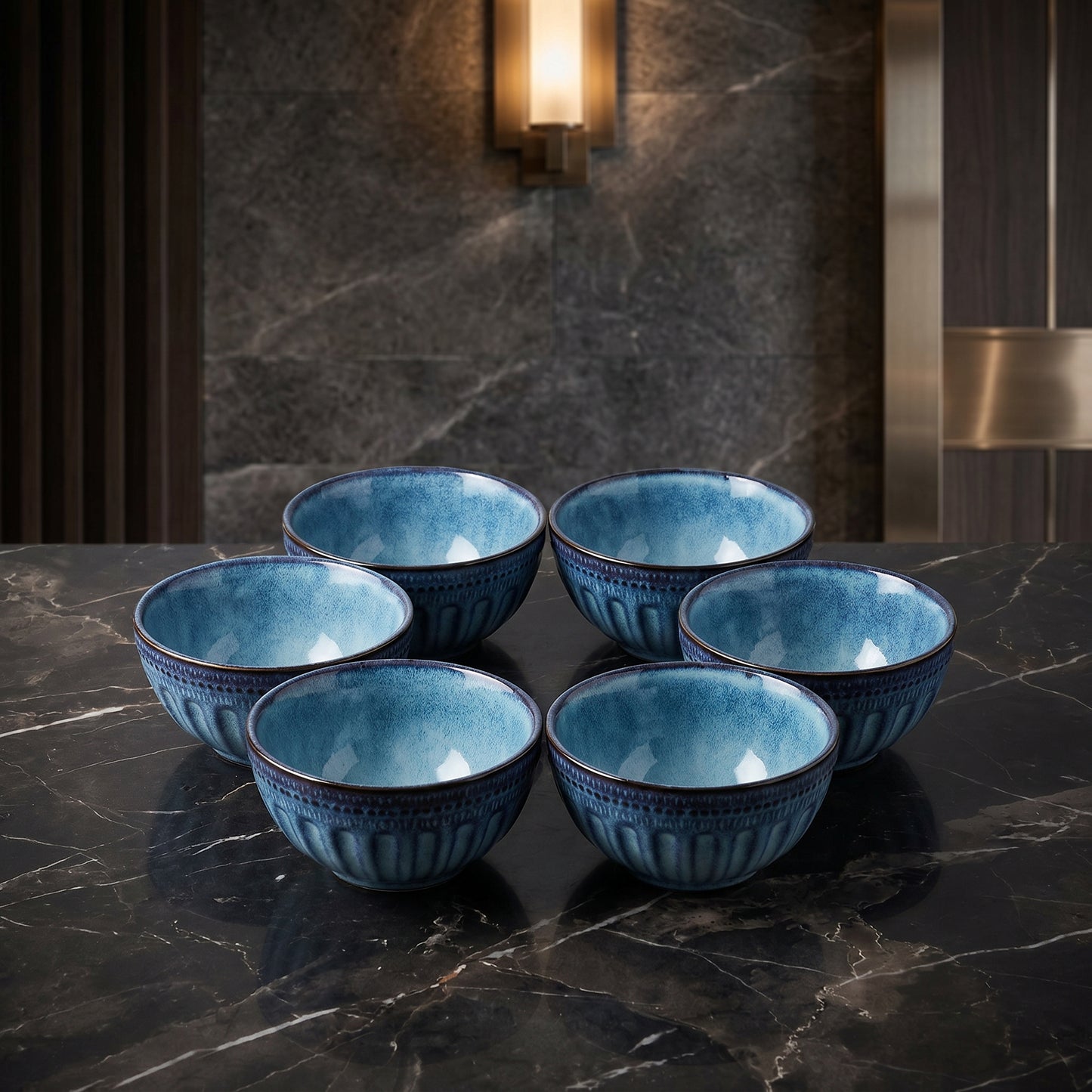 Premium Ceramic Bowl Set of 4 – Tachiso Blue Textured Serving Bowls