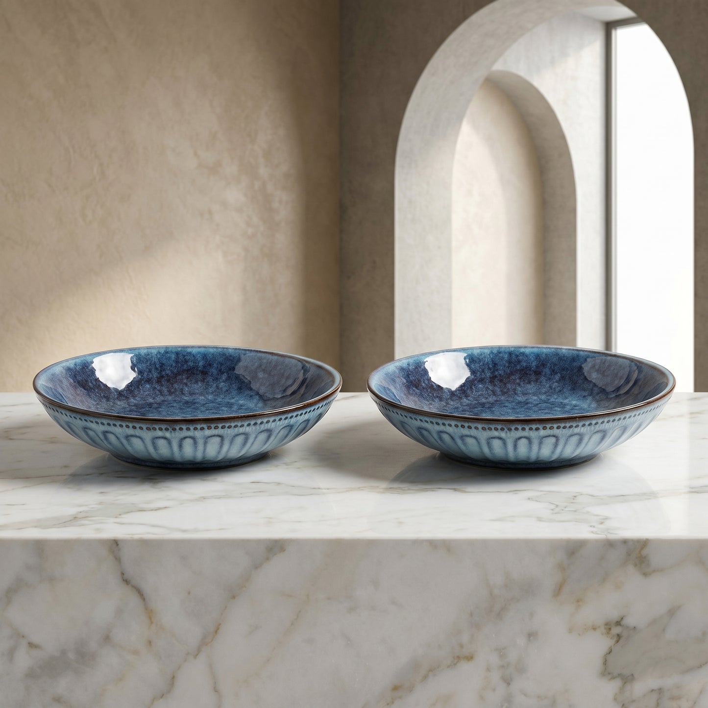 Premium Ceramic Serving Bowl Set (2 Pcs) – Tachiso Blue Textured Deep Plates