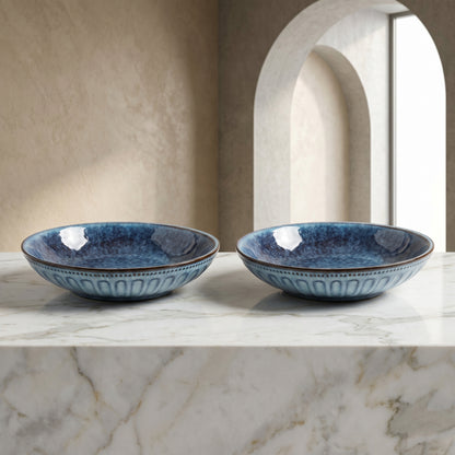 Premium Ceramic Serving Bowl Set (2 Pcs) – Tachiso Blue Textured Deep Plates
