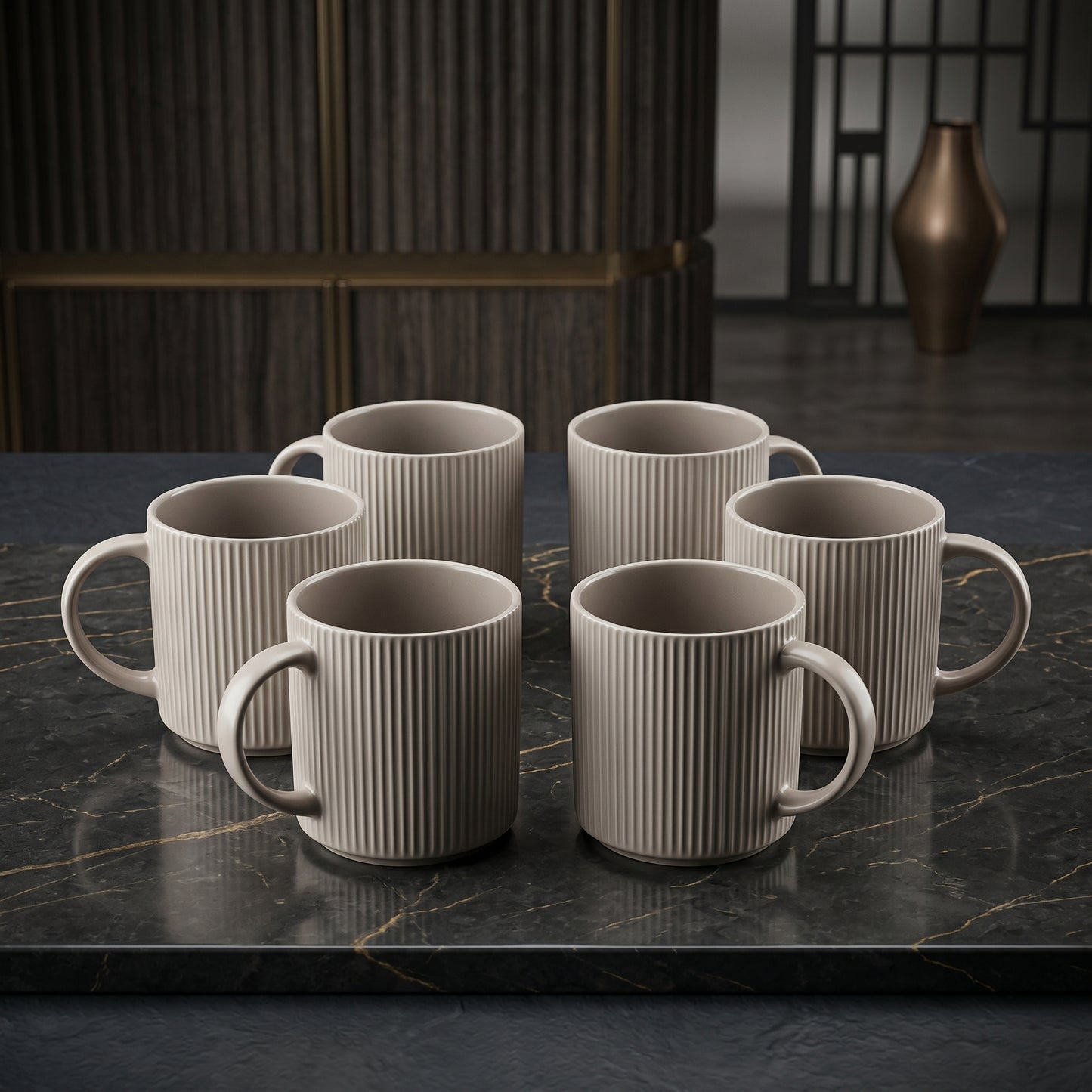 Tachiso Elegant Ribbed Ceramic Coffee Mug Set – 6 Pieces
