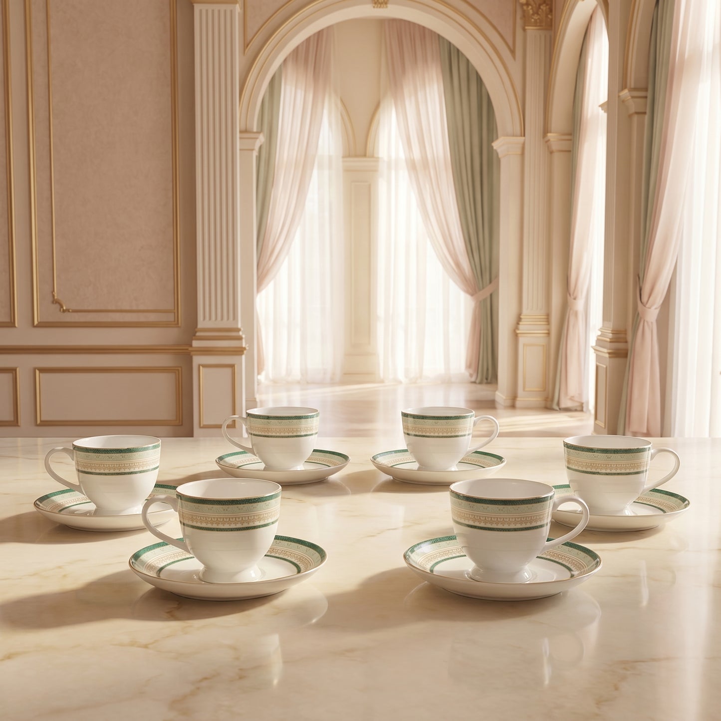Premium Bone China Tea Cup & Saucer Set – 6 Pieces Elegant Green Border Design