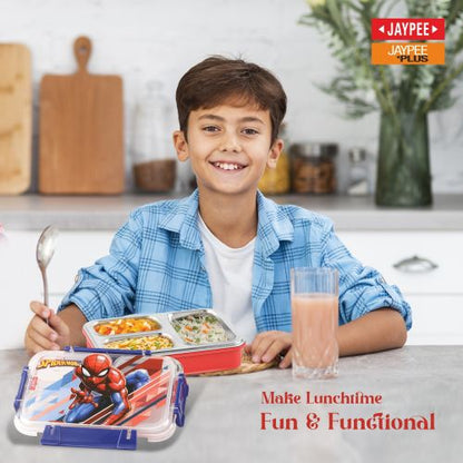 Jaypee Toonbox Kids 3 Compartment Insulated Lunch Box – Steel Inner Tiffin with Side Locks & Cutlery
