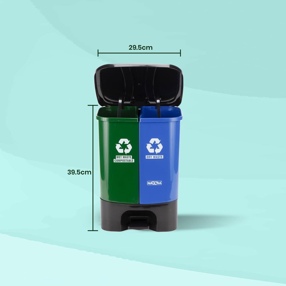 Nayasa 2-in-1 Pedal Dustbin 19L (9.5L x 2) | Dual Wet & Dry Waste Bin | Plastic Foot Pedal Garbage Bin with Inner Buckets | Green & Blue