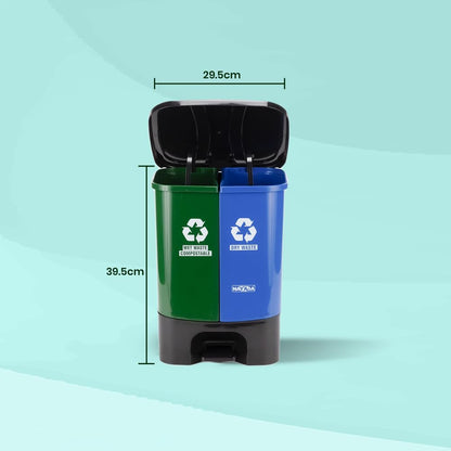 Nayasa 2-in-1 Pedal Dustbin 19L (9.5L x 2) | Dual Wet & Dry Waste Bin | Plastic Foot Pedal Garbage Bin with Inner Buckets | Green & Blue