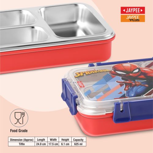 Jaypee Toonbox Kids 3 Compartment Insulated Lunch Box – Steel Inner Tiffin with Side Locks & Cutlery