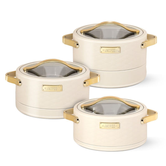 Jaypee Luxura Klass 3-Piece Insulated Casserole Set | Toughened Glass Lid | Leather Finish & Chrome Handles