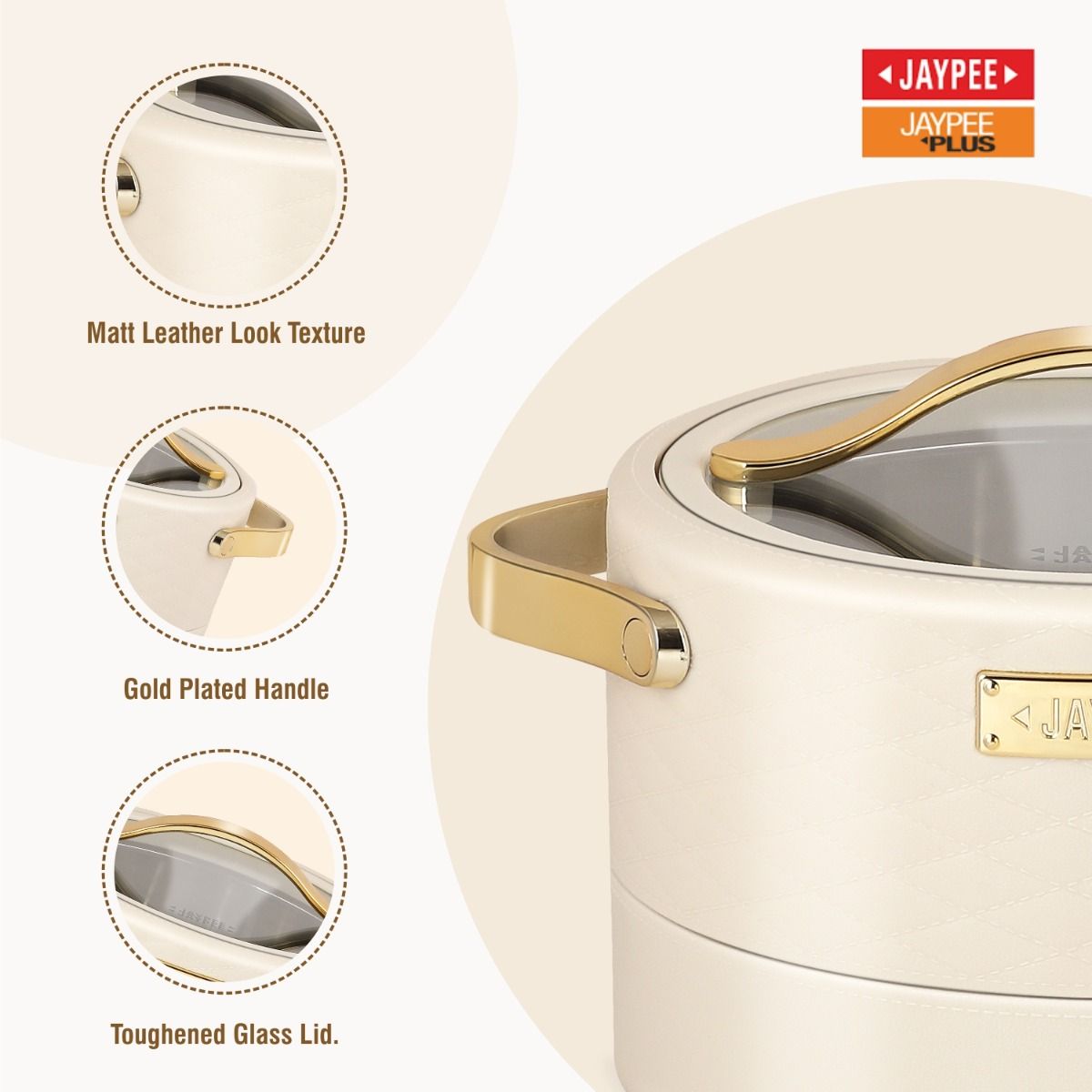 Jaypee Luxura Klass 3-Piece Insulated Casserole Set | Toughened Glass Lid | Leather Finish & Chrome Handles