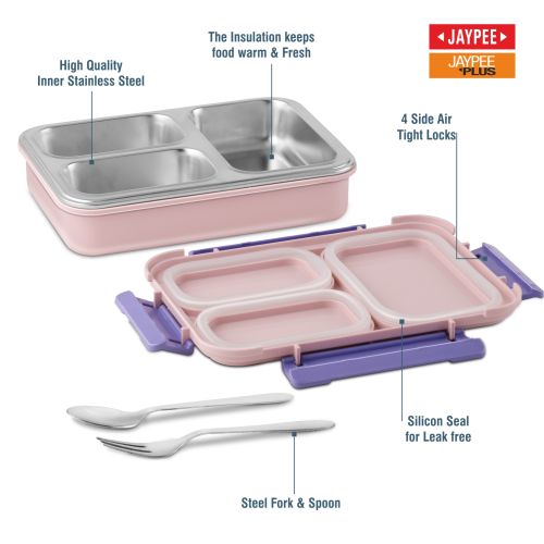 Jaypee Toonbox Kids 3 Compartment Insulated Lunch Box – Steel Inner Tiffin with Side Locks & Cutlery