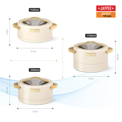 Jaypee Luxura Klass 3-Piece Insulated Casserole Set | Toughened Glass Lid | Leather Finish & Chrome Handles