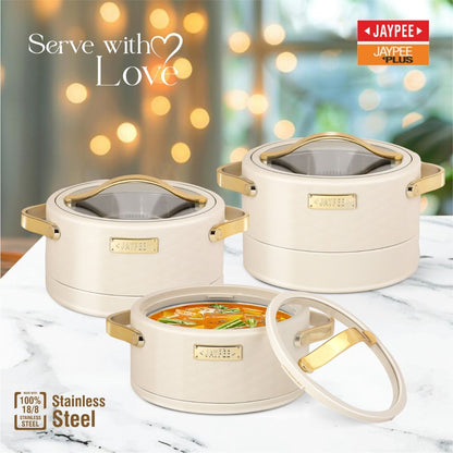 Jaypee Luxura Klass 3-Piece Insulated Casserole Set | Toughened Glass Lid | Leather Finish & Chrome Handles