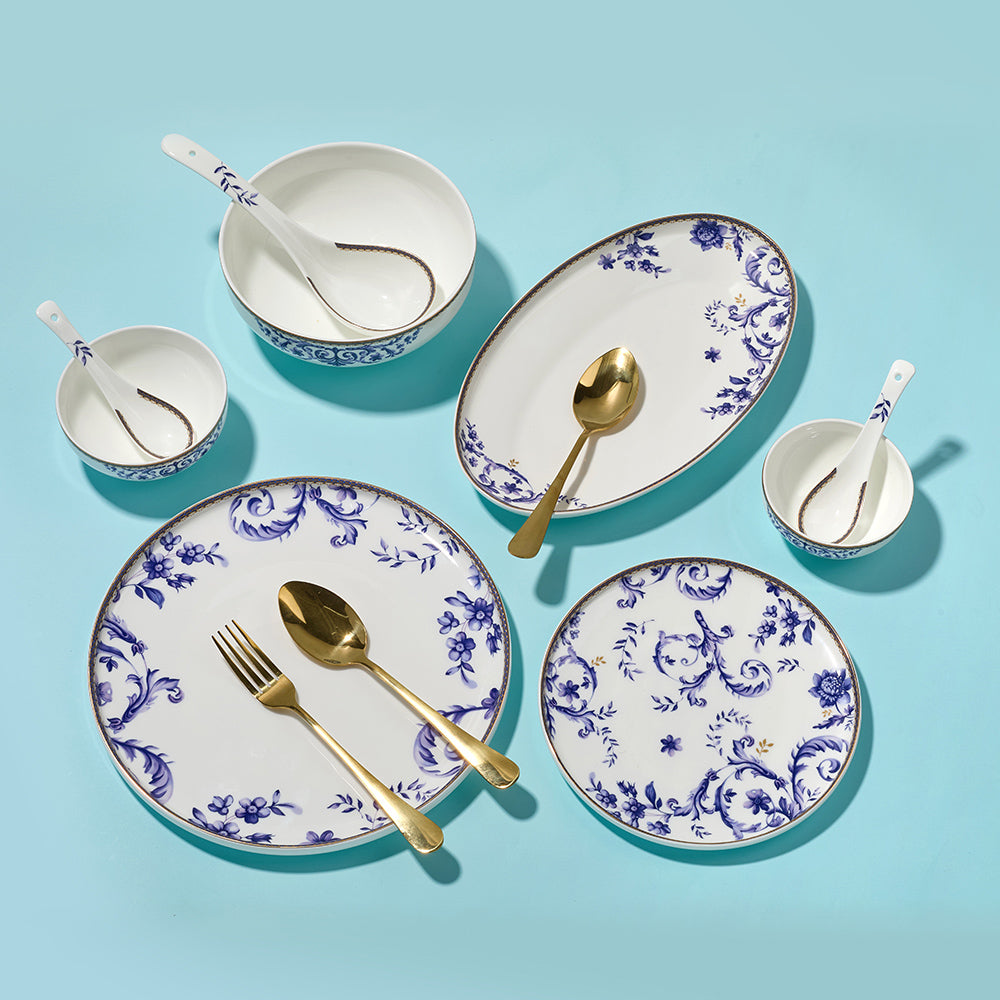 Elegant Blue Floral Ceramic Dinner Set –49 Pieces