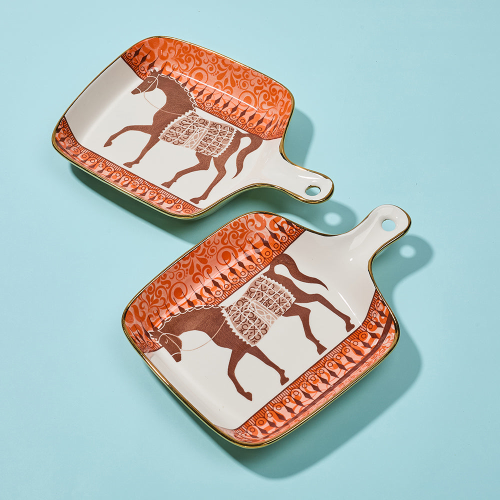 Classical Horse Design Snack Plates with Handle – Set of 2