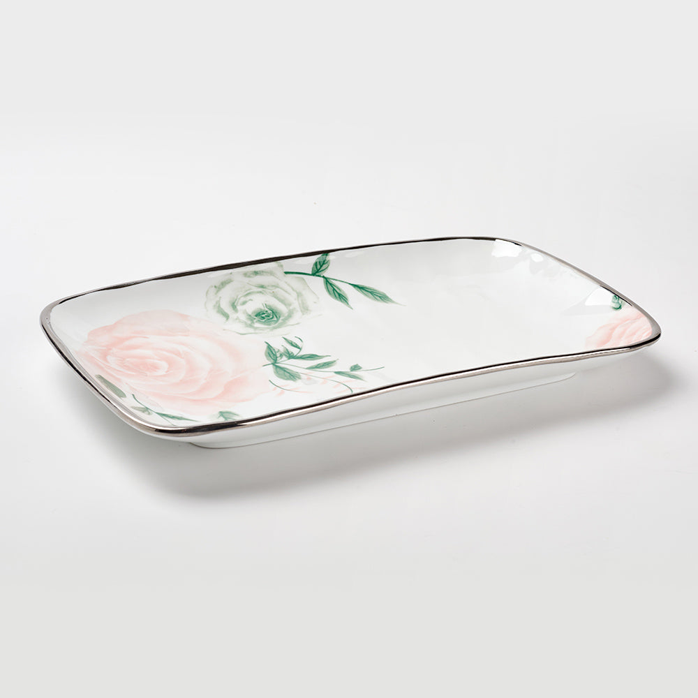Blush Rose 3-Piece Ceramic Serving Set with Silver Rim