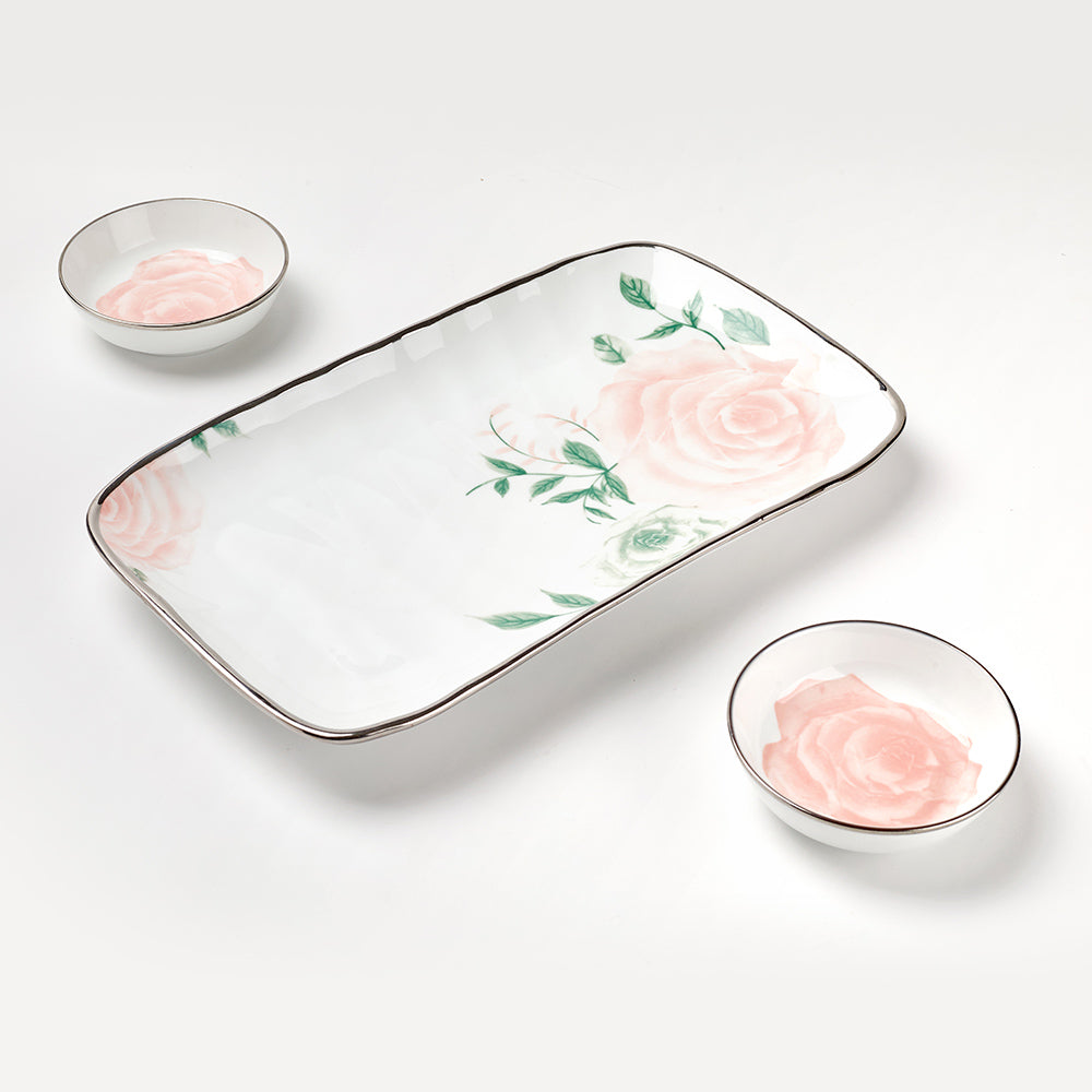 Blush Rose 3-Piece Ceramic Serving Set with Silver Rim