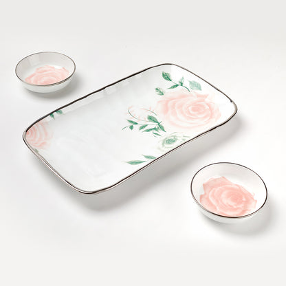Blush Rose 3-Piece Ceramic Serving Set with Silver Rim