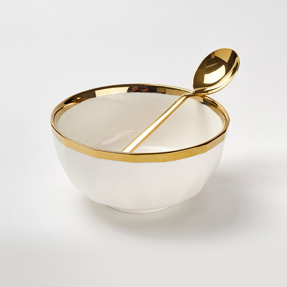 Luxury White Ceramic Bowls with Golden Rim & Spoons – Set of 2