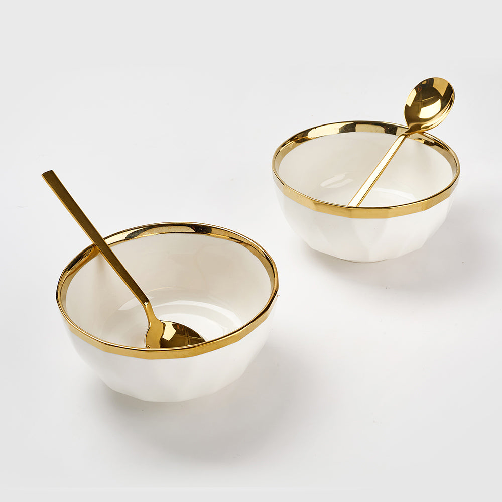 Luxury White Ceramic Bowls with Golden Rim & Spoons – Set of 2