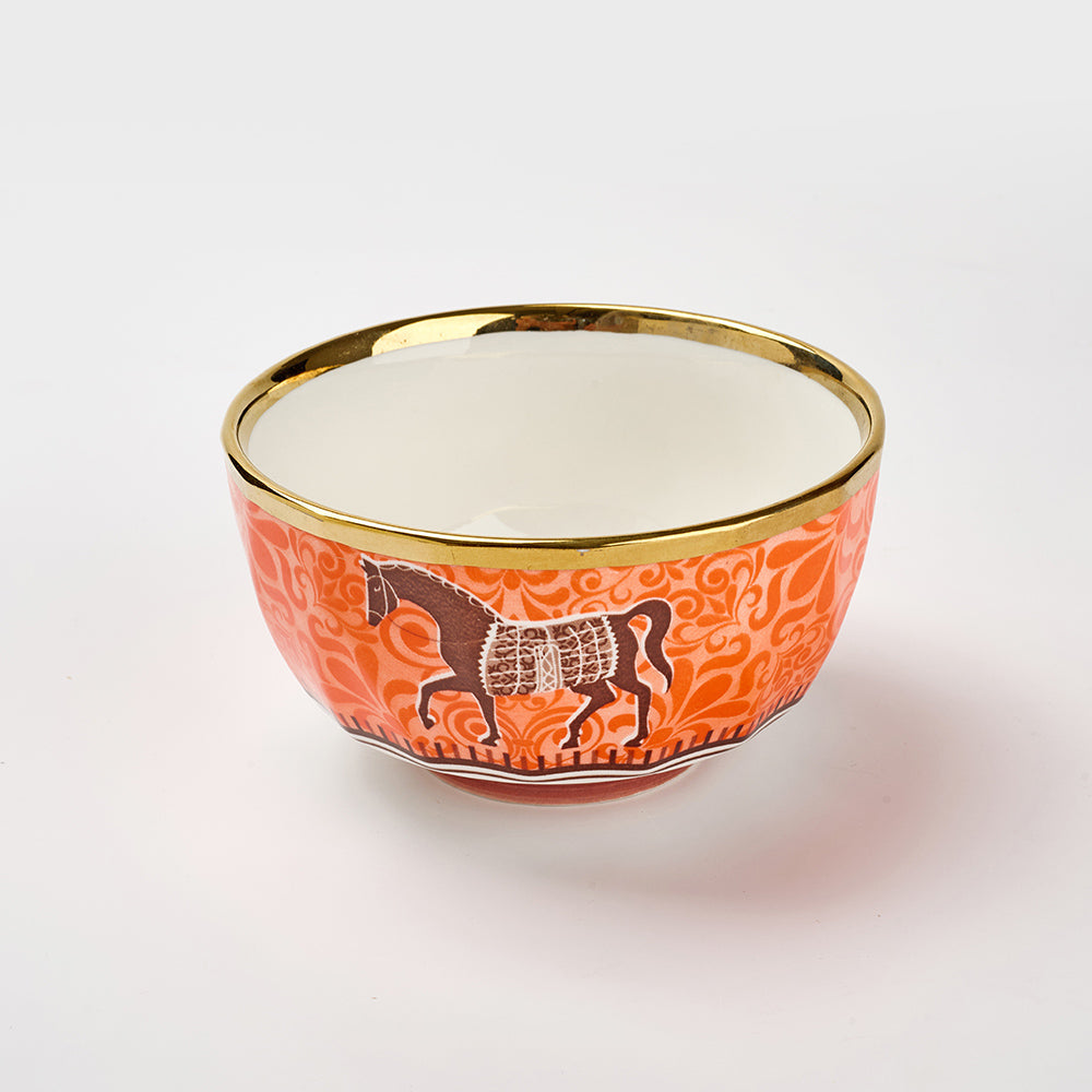 Luxury Orange Ceramic Bowl Set with Golden Rim & Horse Motif – Set of 2 Decorative Serving Bowls