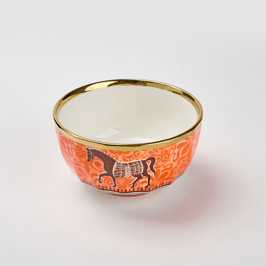 Luxury Orange Ceramic Bowl Set with Golden Rim & Horse Motif – Set of 2 Decorative Serving Bowls