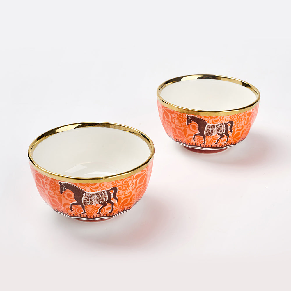 Luxury Orange Ceramic Bowl Set with Golden Rim & Horse Motif – Set of 2 Decorative Serving Bowls