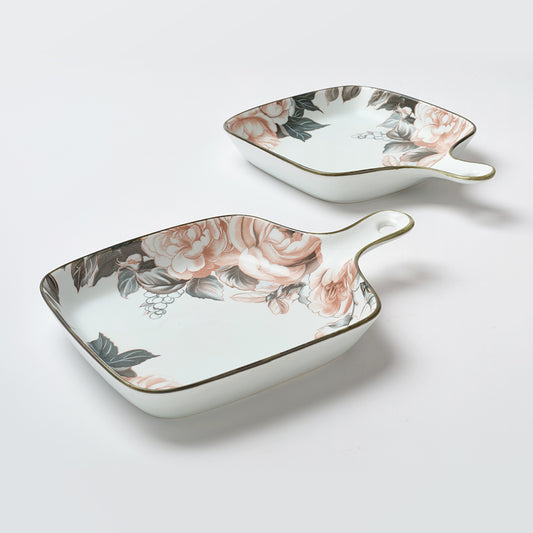 Elegant White Floral Ceramic Snack Plates (Set of 2)