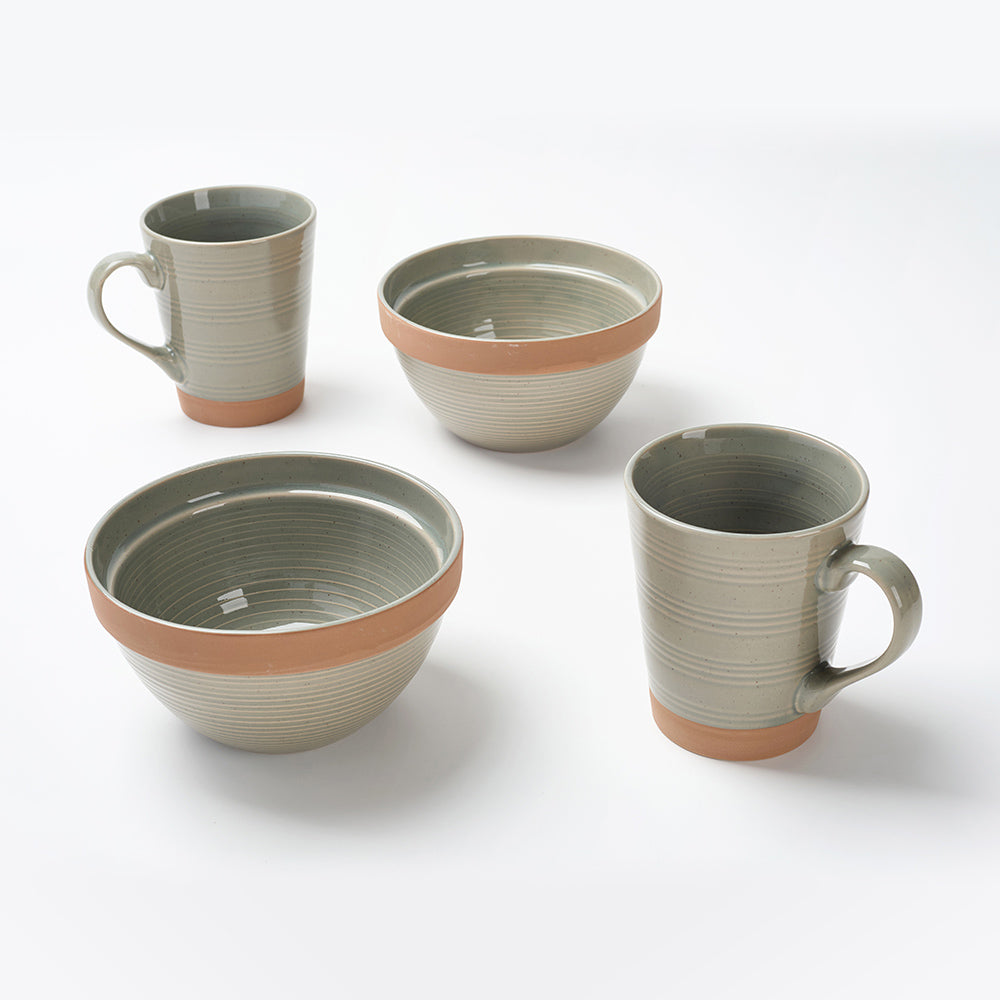 Earthen Mist Ribbed Breakfast  Ceramic Cup and Bowl Set (4 Pieces)